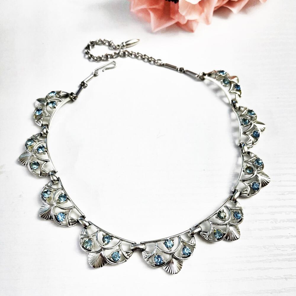 Vintage Blue Rhinestone Mid Century Collar Necklace